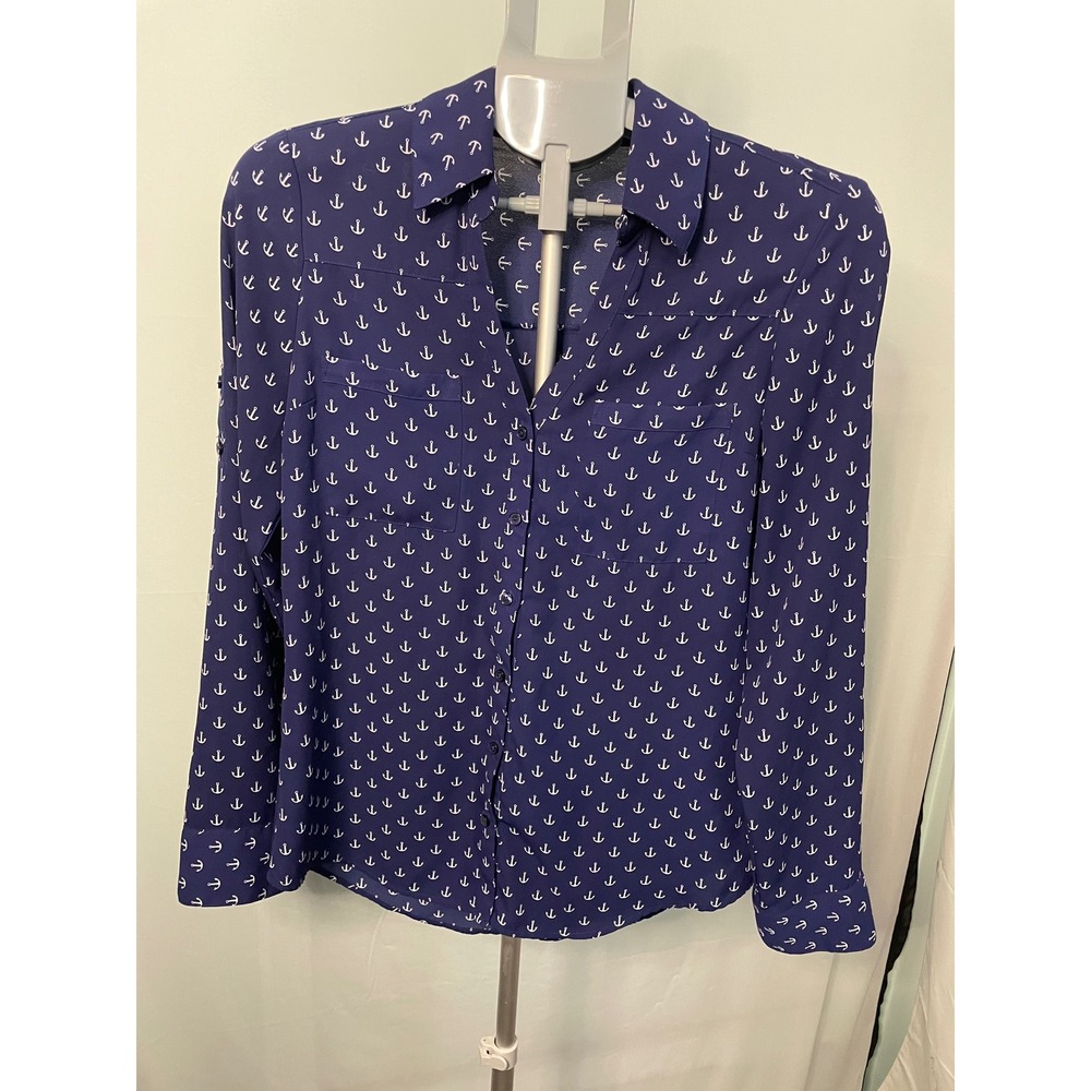 Express The Portofino Shirt Small Blue Anchor‎ Print Long Sleeve Blouse